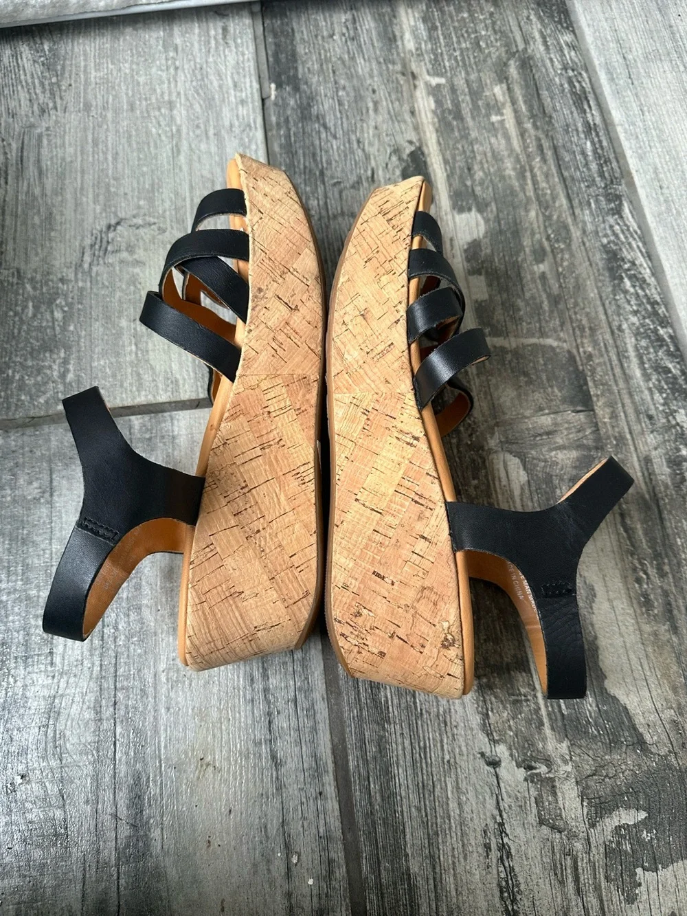 Kork-Ease Black Leather Wedge Sandals Adjustable Ankle Strap Size 7
